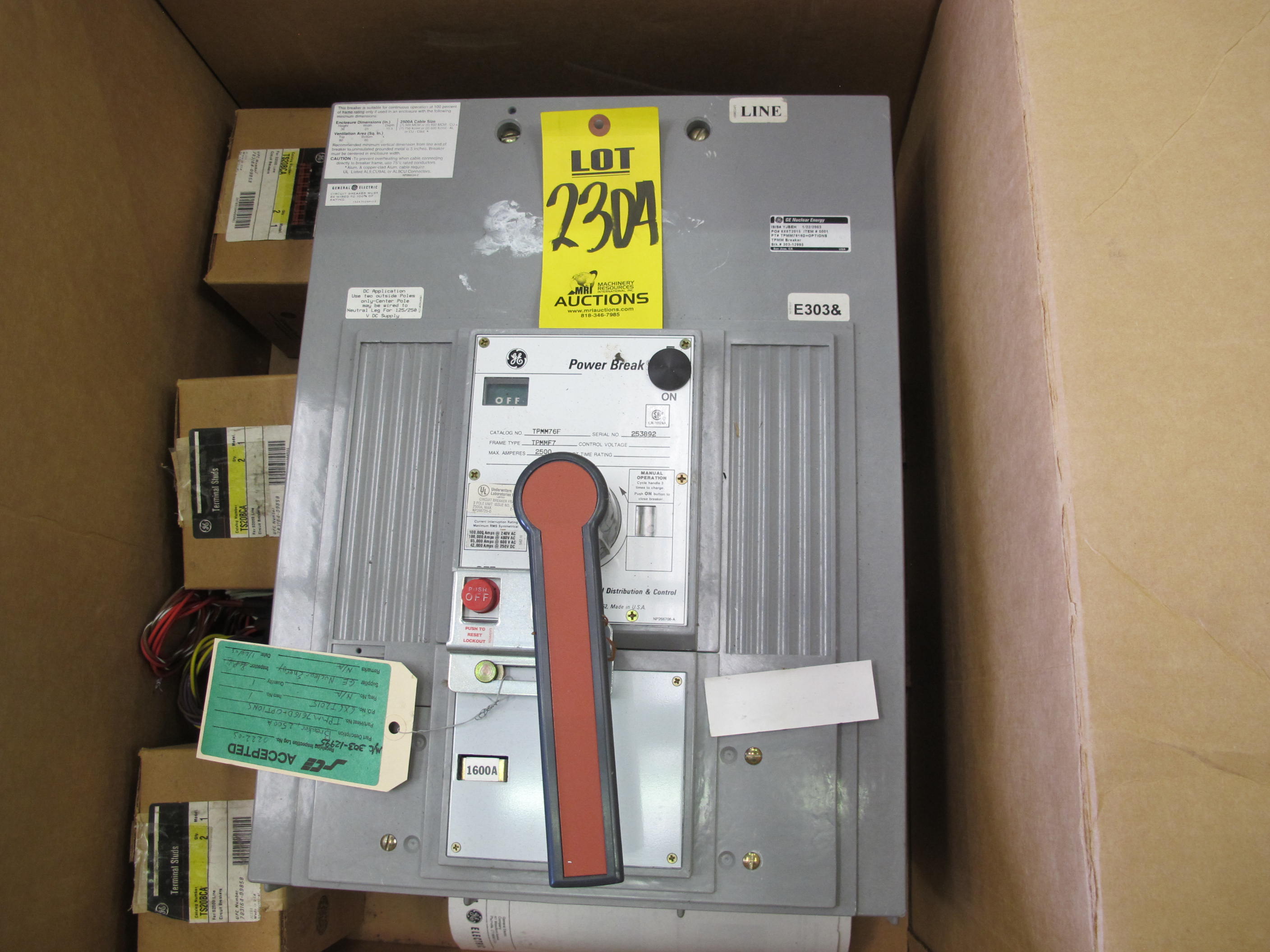 BREAKER, CIRCUIT TYPE, 2500A FRAME, 1600A CONTINUOUS CURRENT AMP RATING, 600VAC/250VDC VOLT RATING, 3 POLE, POWER BREAK KIND. WITH DUAL MAGNETIC TRIP UNITS, 125VDC SHUNT TRIP, BELL ALARM WITH LOCKOUT, 4PDT AUXILIARY SWITCH, PADLOCK, 6 EACH 2000A ALUMINUM T-STUDS, T/C CURVE GES-6169A **COMPLETE P/N TPMM7616D-TSST10RS -TSBAAS-TSAS2AB4S-TPSLDA-TS20BCA** LEAD EXITS LEFT SIDE. PART # TPMM7616D+OPTIONS (W-44) LOADING & HANDLING FEE $15-